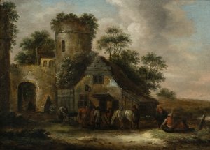 Figuren vor einem Gasthaus an der Stadtmauer im Sommer von Claes (1630 76) Molenaer