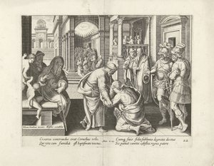 Cornelius kniet vor Petrus (Serie: Handlungen der Apostel, Acta Apostolorum) von Claes Jansz. Visscher (II) (attributed to workshop of)
