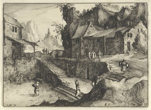 Bergdorf mit Häusern und Treppen von Claes Jansz. Visscher (II)