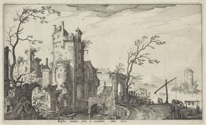 Ruinenhafte Stadttor am Wasser von Claes Jansz. Visscher (II)