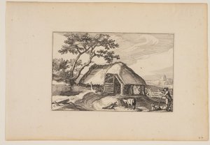 Scheune, Hirte ruht auf seinem Stock im rechten Vordergrund, aus Landschaften (Verscheyden aerdige Lanthuysen...) von Claes Jansz. Visscher