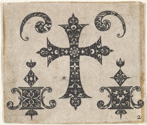 Schwarzarbeit-Druck mit einem lateinischen Kreuz und kleinen Motiven