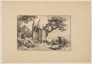 Verfallene Scheune mit Herde und Vieh, aus Landschaften (Verscheyden aerdige Lanthuysen...) von Claes Jansz. Visscher