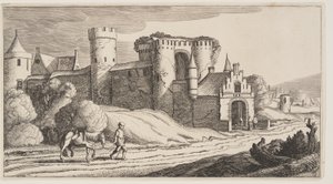 Ein Bauer mit einem Pferd auf einer Straße in der Nähe von Stadtmauern, aus Landschaften (Playsante Lantschappen) von Claes Jansz. Visscher II
