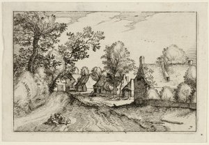 Ein Dorfweg, Platte sieben nach Bilder von Bauernhöfen, Landhäusern und rustikalen Dörfern (Praediorum villarum et rusticarum casularum icones) von Claes Jansz. Visscher II