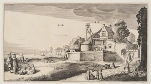 Bleichfeld vor einer Festung an einem Fluss, aus Landschaften (Playsante Lantschappen) von Claes Jansz. Visscher II