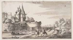 Landstraße entlang eines Dorfes mit einem Bollwerk, aus Landschaften (Playsante Lantschappen) von Claes Jansz. Visscher II