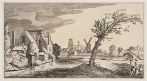 Haus an einem Teich außerhalb einer Stadt, aus Landschaften (Playsante Lantschappen) von Claes Jansz. Visscher II
