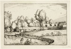 Straße entlang eines Feldes, Platte sechzehn nach Bilder von Bauernhöfen, Landhäusern und rustikalen Dörfern (Praediorum villarum et rusticarum casularum icones) von Claes Jansz. Visscher II