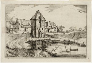 Der Teich, Platte neun nach Bilder von Bauernhöfen, Landhäusern und rustikalen Dörfern (Praediorum villarum et rusticarum casularum icones) von Claes Jansz. Visscher II
