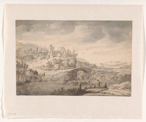 Landschaft mit Stadt auf einem Hügel und einem Hirten