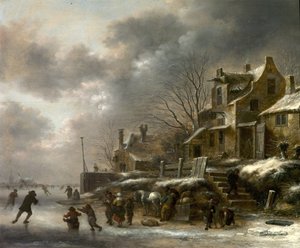 Winterszene, Fluss mit Schlittschuhläufern, 1671