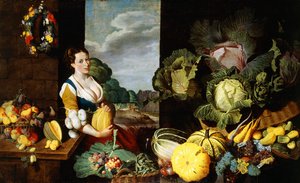Eine junge Frau an einem Obst- und Gemüsestand von Claes van Heussen