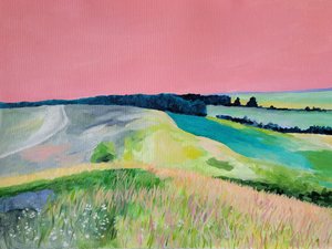 Verträumte Landschaft mit rosa Himmel von Claire Whitehead