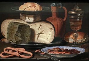 Stillleben mit Käse, Mandeln und Brezeln