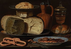 Stillleben mit Käse, Mandeln und Brezeln, um 1615
