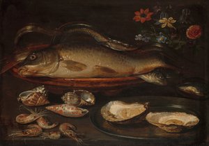 Stillleben mit Fisch, Meeresfrüchten und Blumen von Clara Peeters