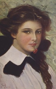 Mädchen mit Kirschen im Mund