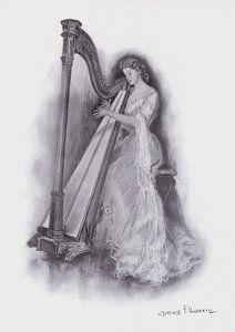Frau, die eine Harfe spielt von Clarence F. Underwood