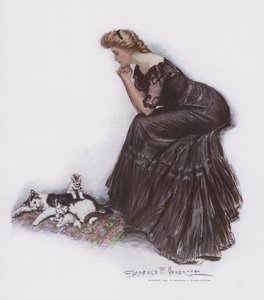 Frau beobachtet eine Katze und ihre Kätzchen von Clarence F. Underwood