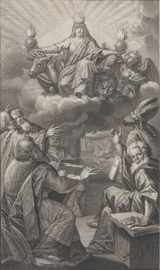 Allegorische Figur erscheint auf Wolken, während eine Gruppe von Männern unten hinaufschaut, 1728