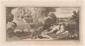 Allegorische oder biblische Darstellung mit kniender Figur vor einem Mann auf einem Thron mit Flammen von Claude Augustin Duflos