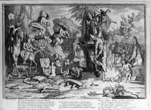 Sabbat-Zeremonien, Dämonen, Hexen und monströse Kreaturen tanzen. Gravur von Gillot von Claude Gillot