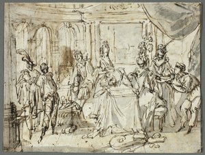 Die Schauspieler machen sich bereit (recto); Studien der Heiligen Familie und Johannes der Täufer (verso)