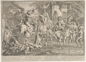 Hexensabbat, in einer nächtlichen Landschaft, ein Nekromant sitzt oben in der Mitte, ca. 1700-1720 von Claude Gillot