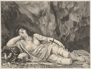 Die heilige Maria Magdalena in einer Grotte liegend