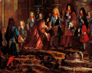 Ludwig XIV. empfängt die Unterwerfung des Dogen von Genua im Mai 1685, Gemälde von Claude-Guy Halle, ca. 1710 von Claude Guy Halle