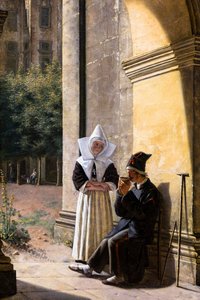 Ein Soldat wird von einer Nonne in einem Kloster gepflegt