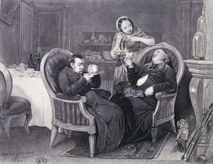 Nach dem Essen: Zwei Priester trinken Kaffee und Verdauungsschnaps, serviert von ihrer Magd
