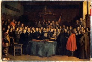 Der Westfälische Frieden, die Vereidigung nach der Ratifizierung des Friedens zwischen den Spaniern und den Niederländern im Rathaus von Münster am 15.05.1648. Sie beendeten den Dreißigjährigen Krieg.