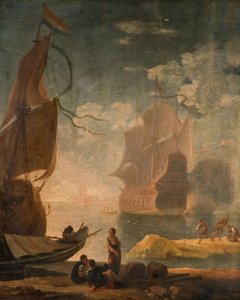 Hafenszene mit Kriegsschiff und Figuren auf einem Kai, 1825 von Claude Joseph Vernet