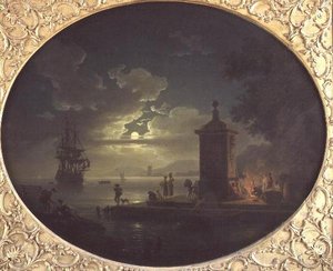 Nacht: Eine mondbeschienene Küstenlandschaft mit Fischern an einem Feuer auf einem Kai, ein Kriegsschiff im Hintergrund von Claude Joseph Vernet