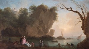Sonnenuntergang: Blick über eine Bucht mit Figuren