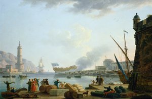 Der Stapellauf des Kriegsschiffs am Hafenmund, 1781 von Claude Joseph Vernet