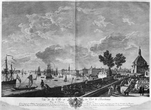 Blick auf die Stadt und den Hafen von Bordeaux vom Château Trompette aus, Serie "Les Ports de France", graviert von Charles Nicolas Cochin dem Jüngeren von Claude Joseph Vernet