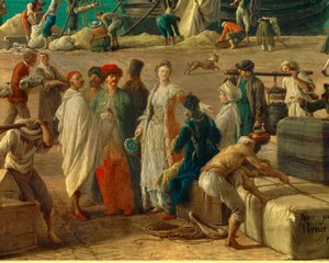 (Detail) Der Hafen von Marseille im 18. Jahrhundert. Detail der Entladung von Waren. Gemälde von Joseph Vernet von Claude Joseph Vernet