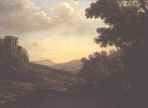 Weitläufige Waldlandschaft mit Ruinentempel von Claude Lorrain