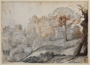Landschaft mit Bäumen und Gebäuden von Claude Lorrain