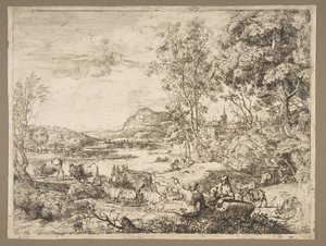 Hirte und Hirtin im Gespräch in einer Landschaft, ca. 1651