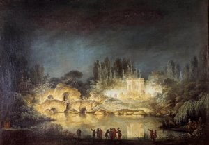 Beleuchtung des Belvedere-Pavillons in den Gärten des Petit Trianon in Versailles während des Festes, das Königin Marie Antoinette zu Ehren ihres Bruders Joseph II (1741-1790) im August 1781 gab. Gemälde von Claude Louis Chatelet (1753-1794) von Claude Louis Chatelet