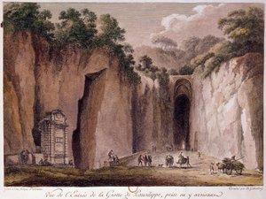 Blick auf die Höhle von Pausilippe (Posillipo) (oder „Grotta Vecchia“), in der Nähe von Neapel. Zeichnung von Chatelet