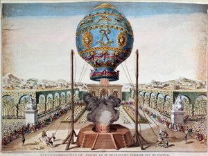 Erfahrung der Montgolfière-Brüder am 19. Oktober 1783 im Garten von Monsieur Réveillon, Faubourg Saint Antoine in Paris. Gravur von Desrais Claude Louis Desrais (1746-1816) von Claude Louis Desrais