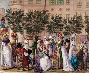 Mode unter dem Direktorium: „Le petit Coblenz“, die Promenade Boulevard des Italiens in Paris. Lithographie von Claude Louis Desrais (1746-1816) 1798. Paris, Musee Carnavalet von Claude Louis Desrais