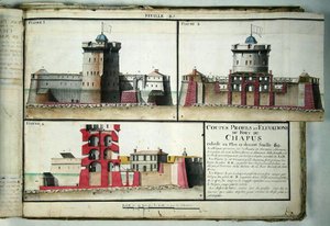 Atlas 131 F fol.85 Querschnitt und Ansichten des Chapus-Forts, aus Traité de Fortifications, ca.1720 von Claude Masse