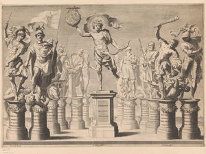 Allegorie zu Ehren des Hauses Savoyen mit legendären Figuren auf Sockeln