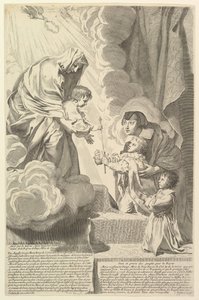 Anne von Österreich mit dem jungen Ludwig XIV. und Monsieur vor der Jungfrau und dem Kind von Claude Mellan